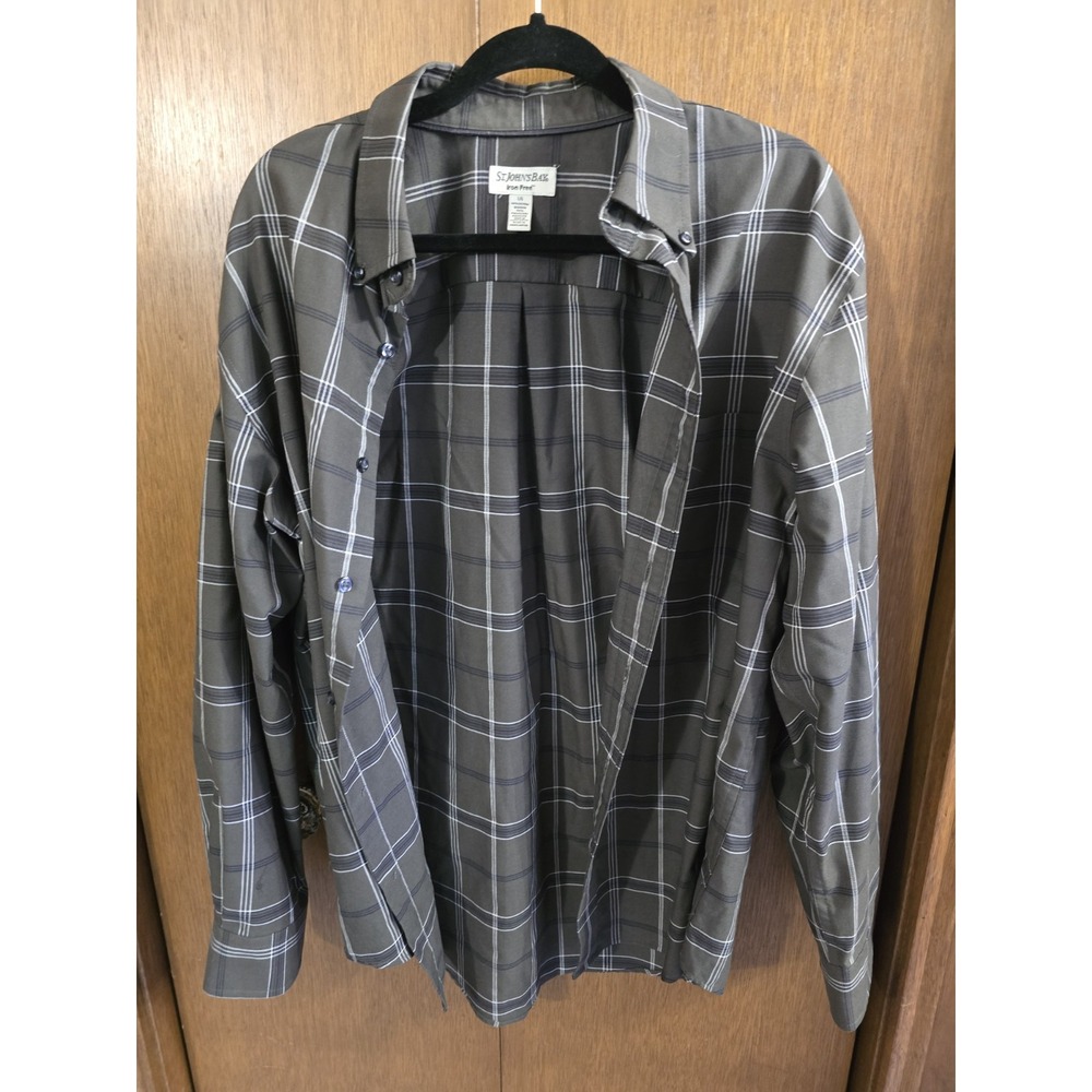 St Johns Bay Shirt Mens Large Gray White Button Up Office Dress Casual Men